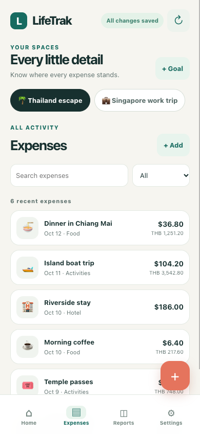 LifeTrak demo expenses screen with categorized transactions and original amounts