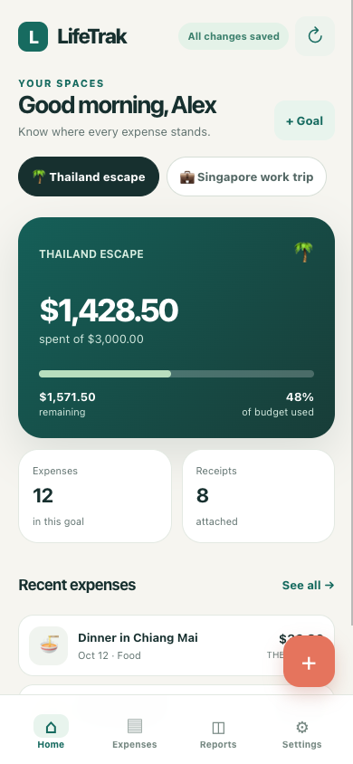 LifeTrak demo dashboard showing a vacation budget, remaining balance, and recent expenses